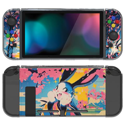 PlayVital Protective Case for NS, Soft TPU Slim Case Cover for NS Joycon Console with Colorful ABXY Direction Button Caps - Blossom POP Bunny - NTU6044G2