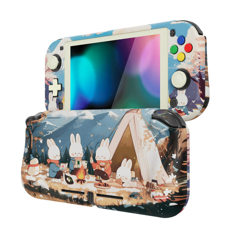 PlayVital ZealProtect Protective Case for Nintendo Switch Lite, Hard Shell Ergonomic Grip Cover for Switch Lite w/Screen Protector & Thumb Grip Caps & Button Caps - Camping Bunnies - PSLYR010