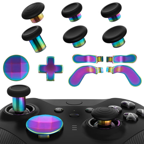 eXtremeRate 13 in 1 Component Pack Kit for Xbox Elite Series 2 Controller, 6 Metal Thumbsticks & Adjustment Tool, 2 D-Pads, 4 Paddles for Xbox Elite Series 2 Core Controller - Metallic Rainbow Aura Blue & Purple - IL905