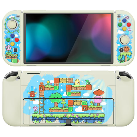 PlayVital ZealProtect Soft Protective Case for Switch OLED, Flexible Protector Joycon Grip Cover for Switch OLED with Thumb Grip Caps & ABXY Direction Button Caps - Blocks Adventure - XSOYV6042