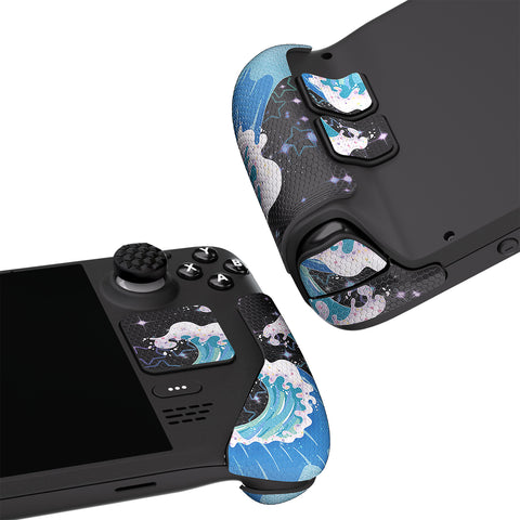 PlayVital Professional Textured Soft Rubber Pads Handle Grips for Steam Deck LCD & OLED, Trackpads Skin Grip Enhancement Back Button Protective Stickers Set with Thumb Grip Caps - Shimmering Waves - FHSDV003