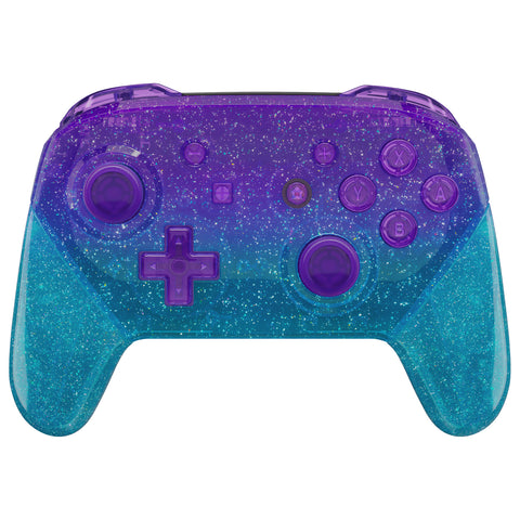 eXtremeRate Glitter Gradient Translucent Bluebell & Blue Faceplate Backplate Handles for NS Switch Pro Controller, Soft Touch Replacement Grip Housing Shell Cover With Full Set Buttons for NS Switch Pro - FRP359