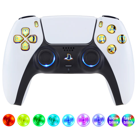 eXtremeRate Multi-Colors Luminated D-pad Thumbstick Share Option Home Face Buttons for PS5 Controller BDM-030, Chrome GoldButtons 7 Colors 9 Modes DTF V3 LED Kit for PS5 Controller - PFLED07G3
