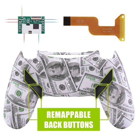 eXtremeRate 100$ Cash Money Dollar Patterned Dawn Remappable Remap Kit with Redesigned Back Shell & 4 Back Buttons for PS4 Controller JDM 040/050/055 - P4RM001