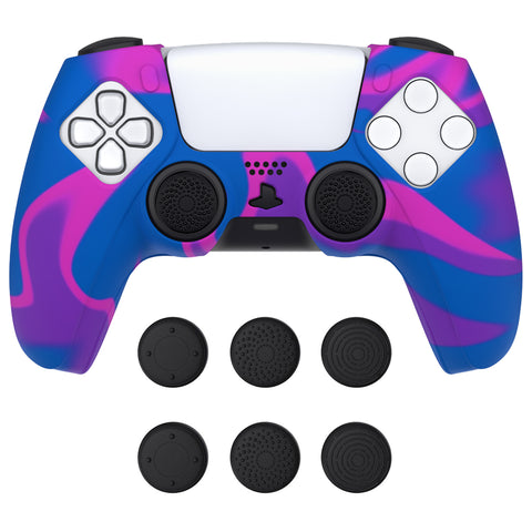 PlayVital Pure Series Dockable Model Anti-Slip Silicone Cover Skin for ps5 Controller, Soft Rubber Grip Case for ps5 Wireless Controller Fits with Charging Station with 6 Thumb Grip Caps - Pink & Purple & Blue - EKPFP003