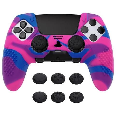 PlayVital 3D Studded Edition Anti-Slip Silicone Cover Case for ps5 Edge Controller, Soft Rubber Protector Skin for ps5 Edge Wireless Controller with 6 Thumb Grip Caps - Pink & Purple & Blue - ETPFP015