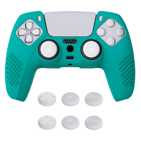 PlayVital Aqua Green 3D Studded Edition Anti-slip Silicone Cover Skin for 5 Controller, Soft Rubber Case Protector for PS5 Wireless Controller with 6 White Thumb Grip Caps - TDPF010