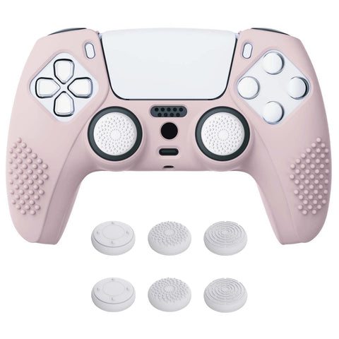 PlayVital Pink 3D Studded Edition Anti-slip Silicone Cover Skin for 5 Controller, Soft Rubber Case Protector for PS5 Wireless Controller with 6 White Thumb Grip Caps - TDPF005