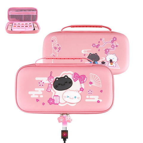 PlayVital Cherry Blossoms Kitten Carrying Case for Nintendo Switch 2, Cute Hard Shell Travel Case with Silicone Charging Port & 10 Game Card Slots, Portable Storage Bag - Pink - METNTJ001