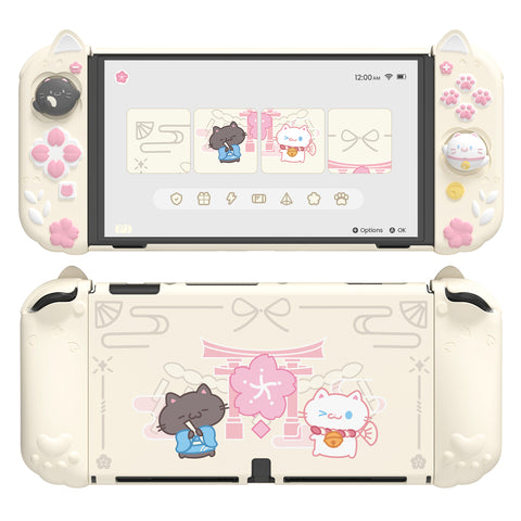 PlayVital Cherry Blossoms Kitten Dockable Hard Shell Protective Case for Nintendo Switch OLED, Silicone Grips for Switch OLED with Thumb Grips, Shockproof - Antique Yellow - FQLSOP002