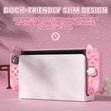 PlayVital Cherry Blossoms Kitten Dockable Hard Shell Protective Case for Nintendo Switch OLED, Silicone Grips for Switch OLED with Thumb Grips, Shockproof - Pink - FQLSOP001