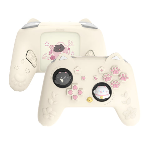 PlayVital Cherry Blossoms Kitten Silicone Cover for Nintendo Switch 2 Pro Controller, Cute Protective Skin Case for Switch 2 Pro Controller with Back Button Cap & Thumb Grip & Sticker - Antique Yellow - HANPTP002