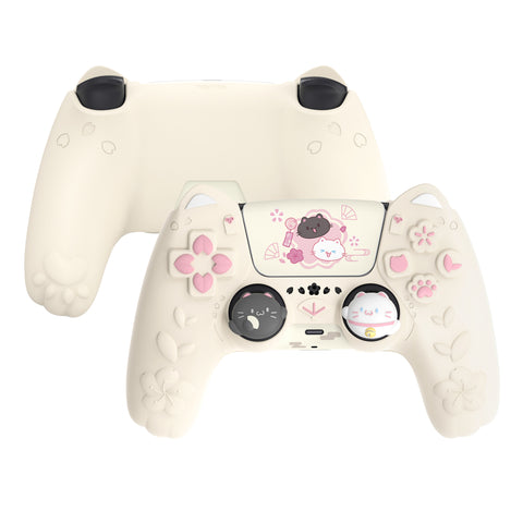 PlayVital Cherry Blossoms Kitten Silicone Cover for PS5 Controller, Anti-slip Grip Skin with Thumb Grip & Sticker, Soft Rubber Protector for PS5 Controller Accessories - Antique Yellow - PQHPFP002