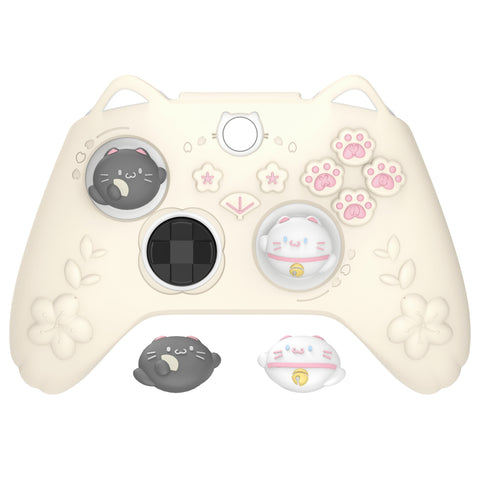 PlayVital Cherry Blossoms Kitten Silicone Cover for Xbox Series X/S, Soft Rubber Cover for Xbox Core Wireless Controller, Anti-slip Grip Protector with Thumb Grips & Sticker - Antique Yellow - HPJX3P001