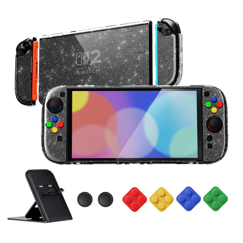 PlayVital Clear Series Protective Case for Nintendo Switch 2, Anti-Scratches Hard Shell Dockable Grip Cover with Extra Foldable Stand & Thumb Grips for Nintendo Switch 2 - Clear Glitter Silver - EXVNTM002