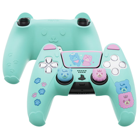 PlayVital Cute Bear Controller Silicone Case for ps5, Kawaii Controller Cover Compatible with Charging Station, Gamepad Skin Protector for ps5 with Touch Pad Sticker & Thumb Grips - Green & Red - UYBPFP004