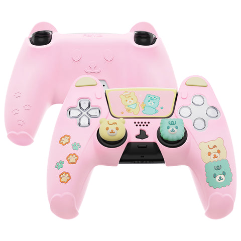 PlayVital Cute Bear Controller Silicone Case for ps5, Kawaii Controller Cover Compatible with Charging Station, Gamepad Skin Protector for ps5 with Touch Pad Sticker & Thumb Grips - Pink & Yellow - UYBPFP002