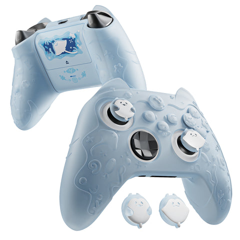 PlayVital for Xbox Series X/S Controller Silicone Cover, Cute Ocean Whisper Series Semi-Clear Silicone Skin Grip for Xbox Core Wireless Controller with Thumb Grip & Sticker, Full Protection - Mint Blue - PXKX3P001