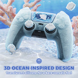 PlayVital for PS5 Controller Cover Skin - Cute Ocean Whisper Series Semi-Clear Silicone Case for PS5 Controller with Thumb Grip & Sticker, Charging Station Compatible, Full Protection - Mint Blue - HYKPFP001