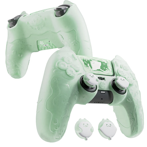 PlayVital for PS5 Controller Cover Skin - Cute Ocean Whisper Series Semi-Clear Silicone Case for PS5 Controller with Thumb Grip & Sticker, Charging Station Compatible, Full Protection - Pastel Green - HYKPFP003