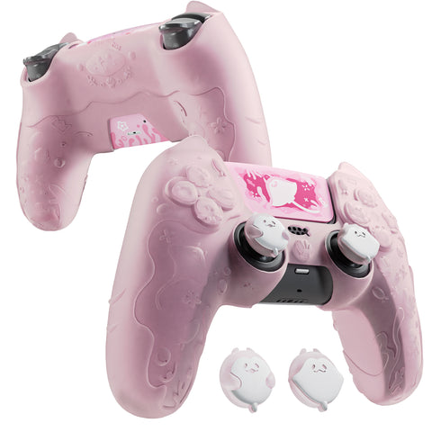 PlayVital for PS5 Controller Cover Skin - Cute Ocean Whisper Series Semi-Clear Silicone Case for PS5 Controller with Thumb Grip & Sticker, Charging Station Compatible, Full Protection - Peach Pink - HYKPFP002