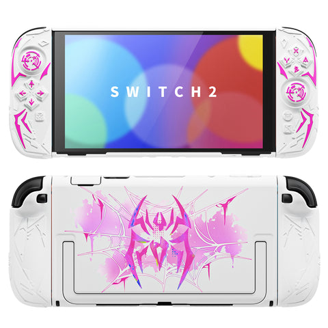 PlayVital Cyber Spider Protective Case for Nintendo Switch 2, Ergonomic Anti-slip Silicone Grip Covers, Dockable Hard Case Shell for Switch 2 with Joystick Cap & Sticker, Shockproof Skin - White - SYDNTP002