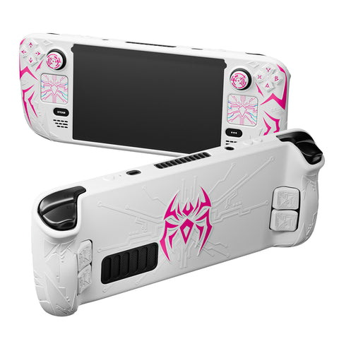 PlayVital Cyber Spider Protective Case for Steam Deck OLED/LCD, Anti-Slip Silicone Grip Cover with Back Button Enhancements, Thumb Grips and Trackpad Skins - White - ZEVSDP002