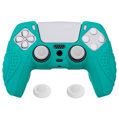 PlayVital Guardian Edition Aqua Green Ergonomic Soft Anti-slip Controller Silicone Case Cover, Rubber Protector Skins with White Joystick Caps for PS5 Controller - YHPF010
