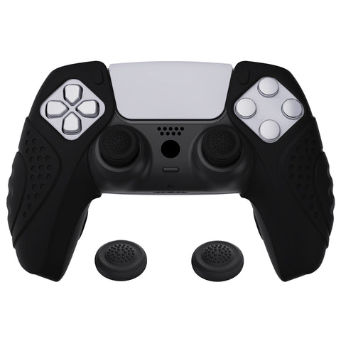 PlayVital Guardian Edition Black Ergonomic Soft Controller Silicone Case Grips for PS5, Rubber Protector Skins with Thumbstick Caps for PS5 Controller – Compatible with Charging Station - YHPF014