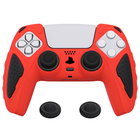 PlayVital Knight Edition Passion Red & Black Two Tone Anti-Slip Silicone Cover Skin for Playstation 5 Controller, Soft Rubber Case for PS5 Controller with Thumb Grip Caps - QSPF005