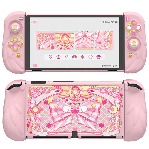 PlayVital Magic Wings Protective Case for Nintendo Switch OLED with Extra Stand, Dockable Hard Shell Cover + Silicone Grips for Switch OLED with Thumb Grip Caps, Daily Protection - Pink - XYMSOP002