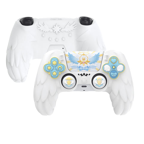 PlayVital Magic Wings Protective Silicone Cover Skin for PS5 Controller – Soft Anti-Slip Grip Protector Case for PS5 Controller with Thumbstick Caps & Themed Stickers, Charging Station Compatible - White - YLEPFP002
