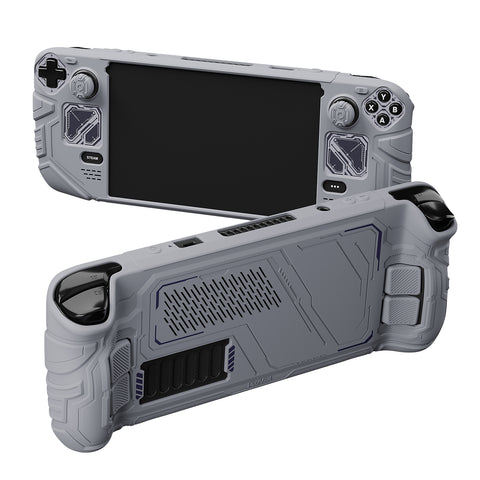 PlayVital Mecha Protective Case for Steam Deck – Anti-Slip Silicone Grip Cover for Steam Deck OLED & LCD, Shockproof Shell with Back Button Enhancement Set & Thumb Grips & Stickers - Gray - JAGSDP004