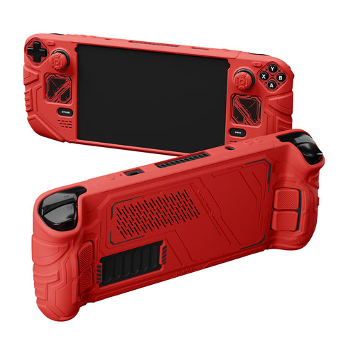 PlayVital Mecha Protective Case for Steam Deck – Anti-Slip Silicone Grip Cover for Steam Deck OLED & LCD, Shockproof Shell with Back Button Enhancement Set & Thumb Grips & Stickers - Red - JAGSDP003