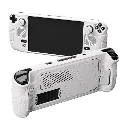 PlayVital Mecha Protective Case for Steam Deck – Anti-Slip Silicone Grip Cover for Steam Deck OLED & LCD, Shockproof Shell with Back Button Enhancement Set & Thumb Grips & Stickers - White - JAGSDP002
