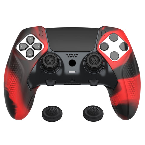 PlayVital Ninja Edition Anti-Slip Half-Covered Silicone Cover Skin for ps5 Edge Controller, Ergonomic Protector Soft Rubber Case for ps5 Edge Wireless Controller with Thumb Grip Caps - Red & Black - EYPFP016