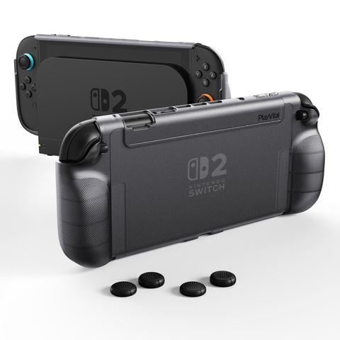 PlayVital PURE Protective Case for Nintendo Switch 2 - Dockable Shockproof TPU Cover with 4 Thumb Grips | Ergonomic Grip Design & Anti-Slip Protection - Clear Black - JKUNTM002