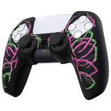 PlayVital Pure Series Carving Skull Pink & Green Dockable Model Anti-Slip Silicone Cover Skin with 6 Thumb Grip Caps for ps5 Controller Fits with Charging Station - EKPFL001