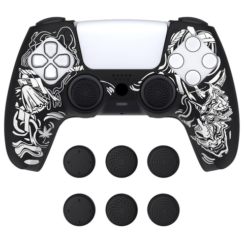 PlayVital Pure Series Samurai Prajna (White) Dockable Model Anti-Slip Silicone Cover Skin with 6 Thumb Grip Caps for ps5 Controller Fits with Charging Station - EKPFL004