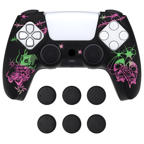 PlayVital Pure Series Sin Source Pink & Green Dockable Model Anti-Slip Silicone Cover Skin with 6 Thumb Grip Caps for ps5 Controller Fits with Charging Station - EKPFL003