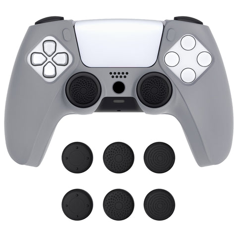 PlayVital Pure Series Ergonomic Anti-Slip Silicone Cover Skin for PS5 Controller, Soft Rubber Grip Case for PS5 Wireless Controller Fits with Charging Station with 6 Thumb Grip Caps - Gray - EKPFP009