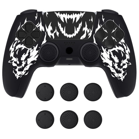 PlayVital Design for PS5 Controller Skin Cover Fit with Charging Station - Anti-Slip Silicone Controller Grip Case for PS5 with 6 Thumb Grip & Sticker, Pure Series Dockable Model - Carving Fire Skull - EKPFL009