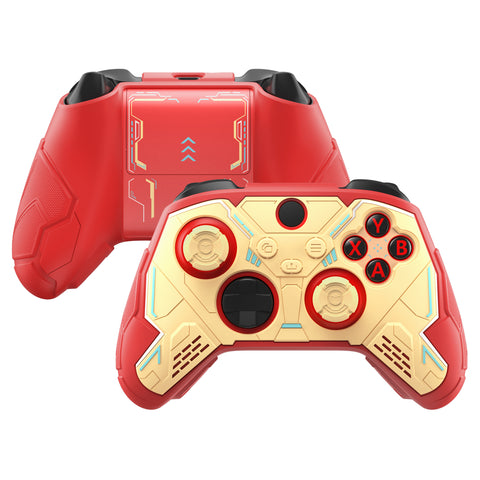PlayVital Stellar Mecha Silicone Cover Skin for Xbox Series X/S Controller, Anti-slip Grip Protector with Thumb Grips & Sticker for Xbox Core Wireless Controller - Crimson Red & Iron Yellow - SAXX3P003
