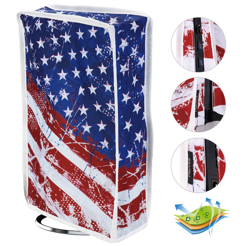 PlayVital Vertical Dust Cover for ps5 Slim Disc Edition(The New Smaller Design), Nylon Dust Proof Protector Waterproof Cover Sleeve for ps5 Slim Console - Impression US Flag - BMYPFH007