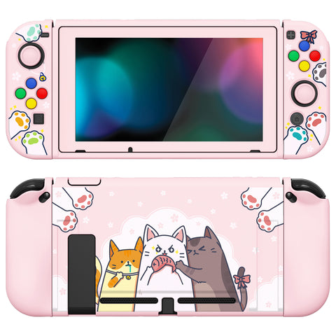 PlayVital ZealProtect Soft Protective Case for Nintendo Switch, Flexible Cover for Switch with Tempered Glass Screen Protector & Thumb Grips & ABXY Direction Button Caps - Hungry Kitties - RNSYV6044