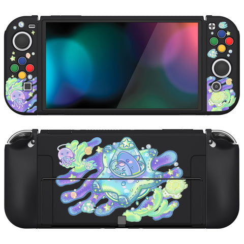 PlayVital ZealProtect Soft Protective Case for Switch OLED, Flexible Protector Joycon Grip Cover for Switch OLED with Thumb Grip Caps & ABXY Direction Button Caps - Shark Quest - XSOYV6030