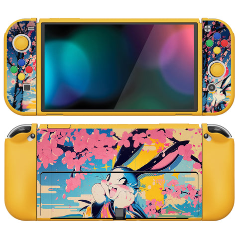 PlayVital ZealProtect Soft Protective Case for Switch OLED, Flexible Protector Joycon Grip Cover for Switch OLED with Thumb Grip Caps & ABXY Direction Button Caps - Blossom POP Bunny - XSOYV6053