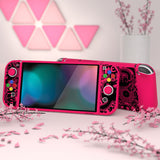 PlayVital ZealProtect Soft Protective Case for Switch OLED, Flexible Protector Joycon Grip Cover for Switch OLED with Thumb Grip Caps & ABXY Direction Button Caps - VV & Bright Pink - XSOYV6055
