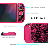 PlayVital ZealProtect Soft Protective Case for Switch OLED, Flexible Protector Joycon Grip Cover for Switch OLED with Thumb Grip Caps & ABXY Direction Button Caps - VV & Bright Pink - XSOYV6055
