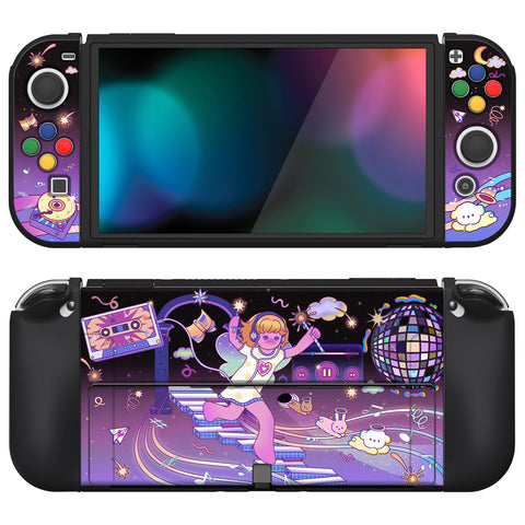 PlayVital ZealProtect Soft Protective Case for Switch OLED, Flexible Protector Joycon Grip Cover for Switch OLED with Thumb Grip Caps & ABXY Direction Button Caps - Dancing Notes - XSOYV6040